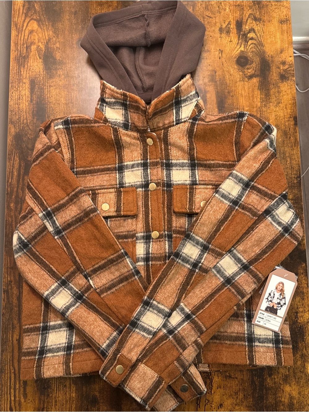 Ci Sono Brown Plaid Hooded Shacket Jacket
